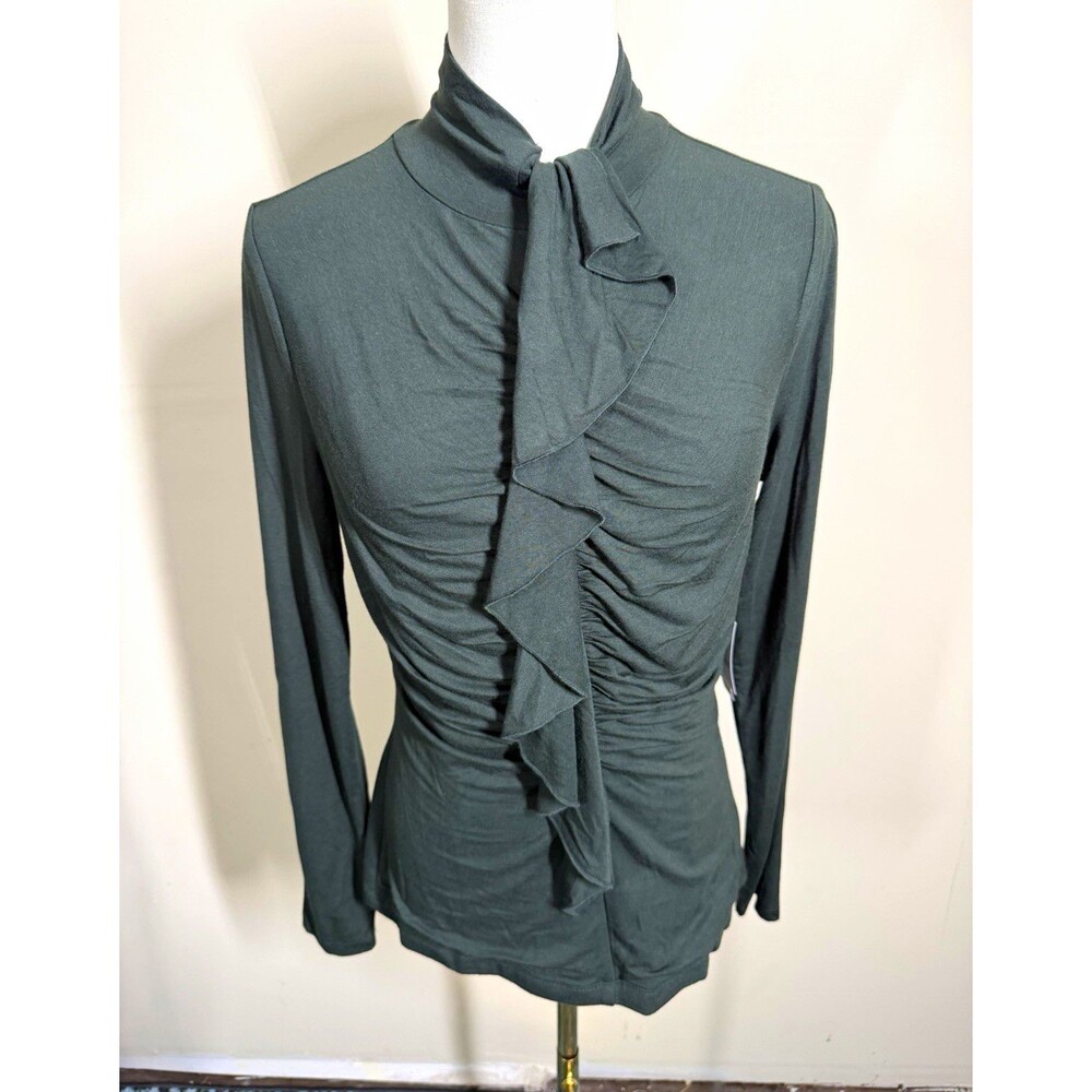 Chelsea & Theodore Womens Blouse Petite PM Green Mock Neck Ruffle StretchNEW 357